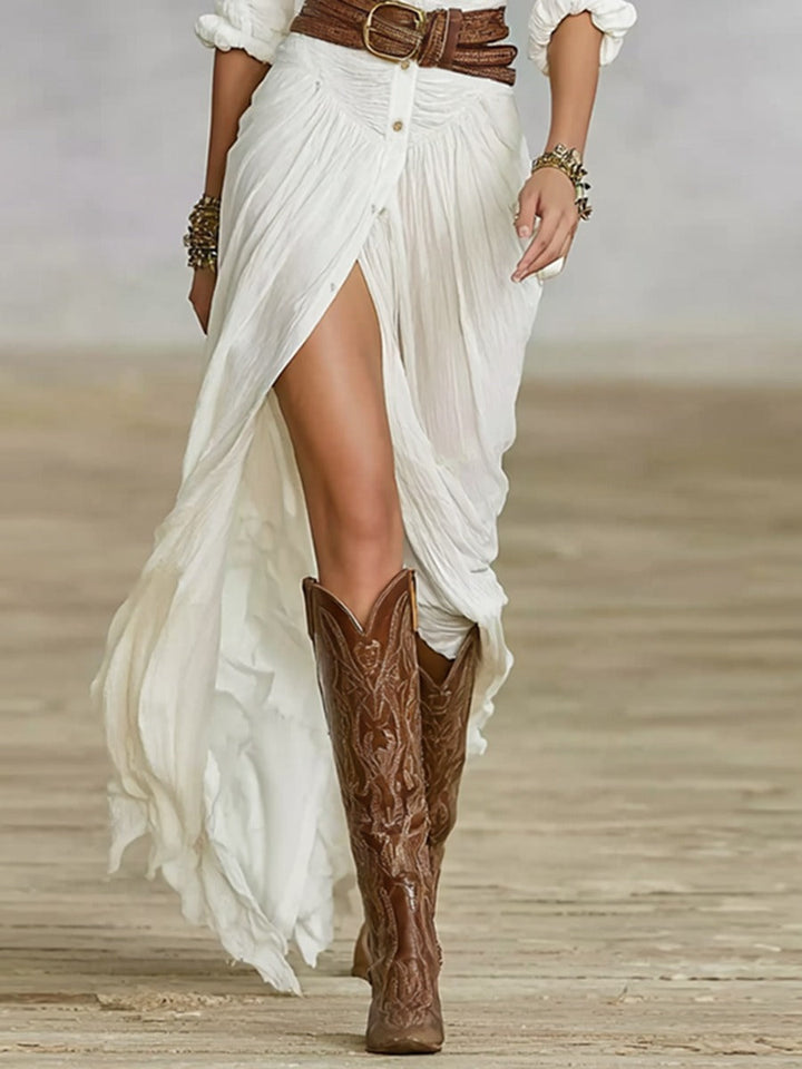 Karolína – Rochie lungă înfășurată cu curea și manșete plissate din bumbac și in