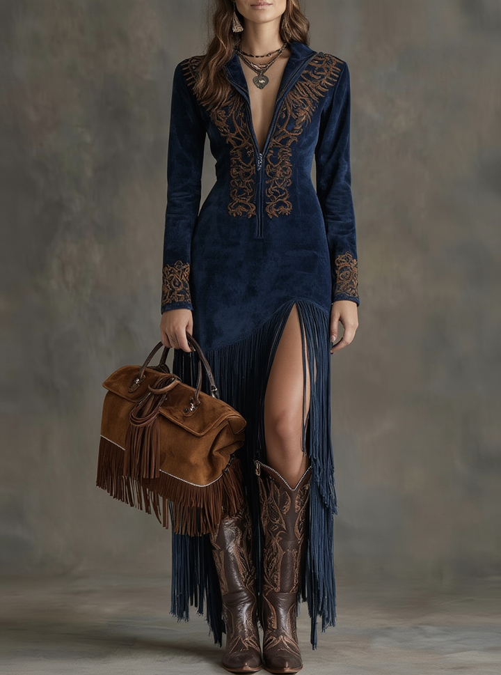 Valentina | Rochie lungă stil western cu jumătate de fermoar, broderie și franjuri